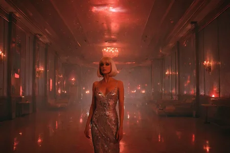 cinematic still, Elvira Hancock in the Scarface sequel standing alone at the far end of a grand hotel ballroom turned infernal dance hall, her sequin dress glimmering like frozen flames, head cocked slightly as if listening to ghosts, platinum hair perfectly styled in a blunt bob, wide shot, low-angle perspective, setting: a vast, mirrored ballroom drenched in sickly pink neon and drifting ash, mood of spectral grandeur and silent accusation, overhead strobe flickering like a dying heartbeat, color palette of wilted rose, charred silver, and emberorange, style reference The Shining’s Overlook Hotel ballroom fused with Miami nightclub excess
