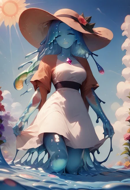 score_9, score_8_up, score_9_up, score_7_up, high quality, masterpiece, highly detailed, solo, (((blue slime girl))), long hair, medium breasts, sun dress, smile, sunny sky, windy, flowing hair, flowers