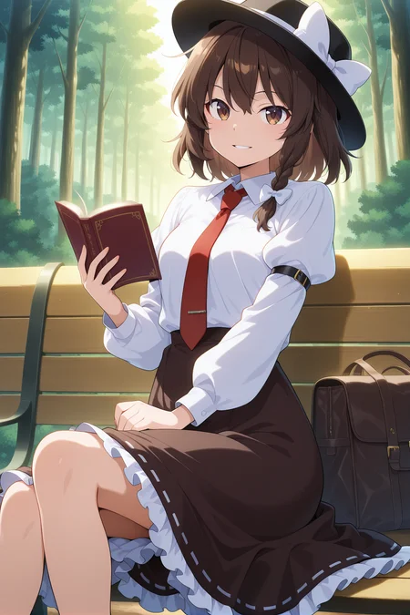 absurdres, highres, masterpiece, best quality, amazing quality, official anime artwork, screencap, anime screencap, looking at viewer, dynamic pose,
<lora:Usami-Renko_Illustrious:1> usami renko, 1girl, solo, brown hair, brown eyes, medium hair, side braid, hair bow, white bow,,
black hat, red necktie, white shirt, puffy sleeves, long sleeves, brown skirt, long skirt, frilled skirt,
holding book, bag, bench, sitting, forest, day, teeth, light smile,