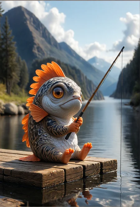 masterpiece, best quality, amazing quality
,solo, holding, closed_mouth, sitting, outdoors, sky, day, cloud, water, blurry, blue_sky, tree, orange_eyes, no_humans, blurry_background, fish, reflection, mountain, animal_focus, lake, fishing_rod, reflective_water, fishing, holding_fishing_rod, fishing_line,A digital illustration shoot from the side about a cute cartoon fish character sitting on a wooden pier by a calm lake, holding a fishing rod. the image also shows a serene mountain landscape with tall trees and a clear blue sky. on the middle of the image, a no human, furry, blue and orange fish with large, expressive eyes and a happy expression is sitting on the wooden pier. the fish appears to be a chubby, cartoonish creature with a slim body and a closed mouth. it is facing the viewer with its eyes looking to the side. the creature is holding the fishing rod in its right hand and its left hand is resting on the edge of the water. the background features a mountain range with a few clouds in the sky, and the water is calm and still. the lighting is soft and natural, creating a peaceful and serene atmosphere.
solo, looking at viewer, closed mouth, sitting, brown eyes, outdoors, sky, day, cloud, holding, tree, blue sky, water, tree branch, holding stick, mountain, fish, pond, holding fishing rod