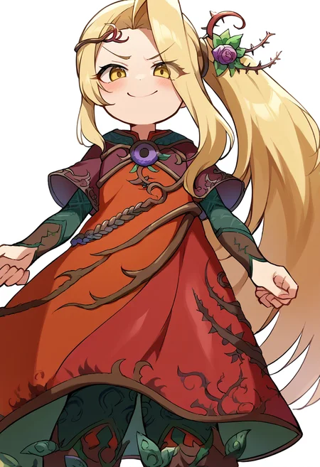 <lora:pony_good_hands:1>, <lora:Anime Style 2 SDXL_LoRA_Pony Diffusion V6 XL:0.5>, score_9, score_8_up, score_7_up, source_anime, good_hands,
simple white background, from below,
<lora:IcaViridi-000015:0.8>, 1girl, solo, IcaViridi, long blonde hair, side ponytail, yellow eyes, red dress, thorn crown, asymmetrical sleeves, hair flower, eyes visible through hair,
smile, looking at viewer, blush, smug, kneeling,