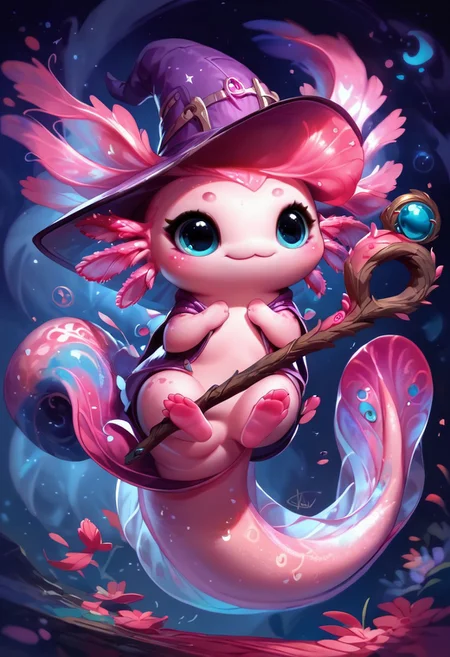 score_9, score_8_up, score_7_up, AxolotlWorldXLP, Expressiveh, very detailed, high quality, solo, 1 cute axolotl girl, feral, pale pink skin, thick tail, wizard hat, magical staff, flowing colorful tail, cosmic colors along tail, abstract colors