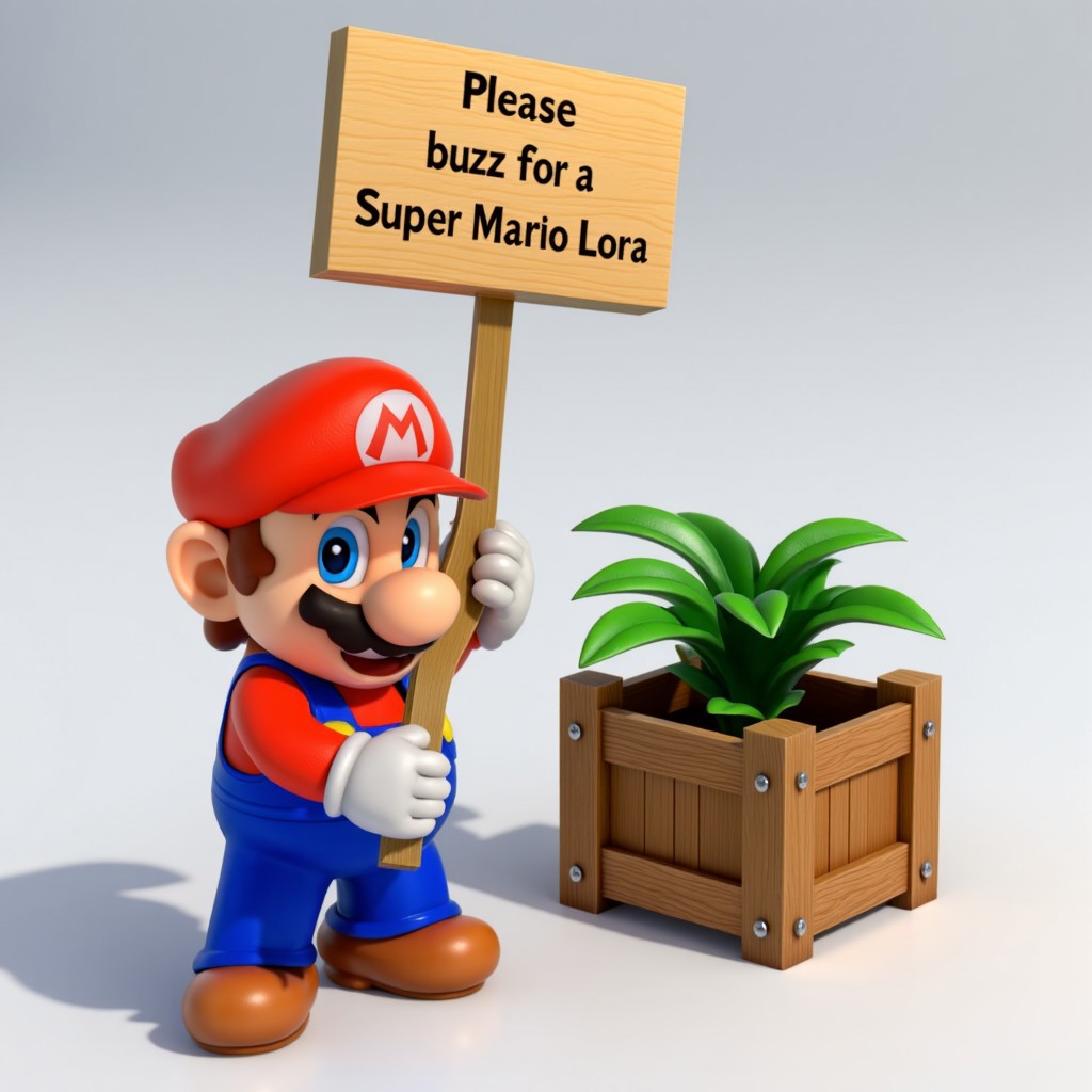 Mario holding up a sign with the text on the sign reading: 
"Please donate buzz for a Super Mario Lora."
The picture is 2d, like the official Super Mario Bros artwork.