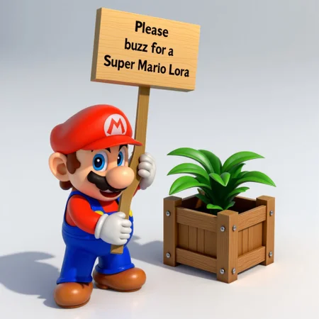Mario holding up a sign with the text on the sign reading:
"Please donate buzz for a Super Mario Lora."
The picture is 2d, like the official Super Mario Bros artwork.