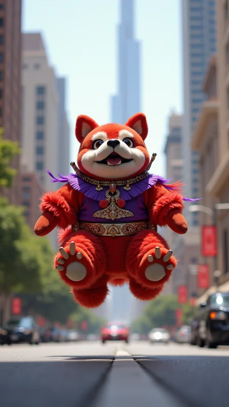 designed by Masaaki Sasamoto, Masamune Shirow, mundane plush toy of a close up of a In the heart of San Antonio, Texas, a graceful bulldog native american regaliaed in vibrant red and purple garb leaps into the air, jumping through the streets of Theburj Khaliva. Interpolation, Kodak UltraMax 400, L USM, aidmaimageupgrader