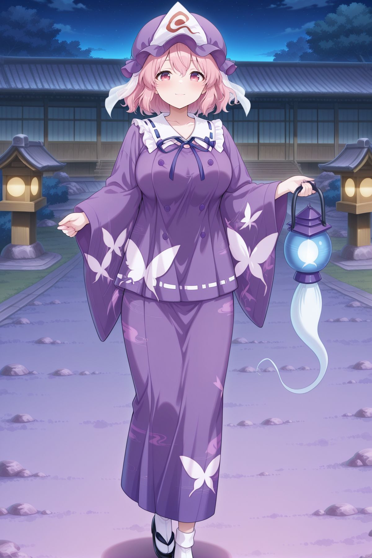 absurdres, highres, masterpiece, best quality, amazing quality, official anime artwork, screencap, anime screencap, outdoors, looking at viewer, light smile, dynamic pose, standing,
<lora:Yuyuko-Saigyouji_IllustriousV3:1> saigyouji yuyuko, 1girl, solo, pink eyes, pink hair, short hair, large breasts,, saigyouji yuyuko \(scarlet\), alternate costume, alternate headwear color, purple hat, mob cap, triangular headpiece, neck ribbon, collarbone, purple dress, purple skirt, butterfly print, double-breasted, wide sleeves, white socks, black sandals, holding lantern,
night,