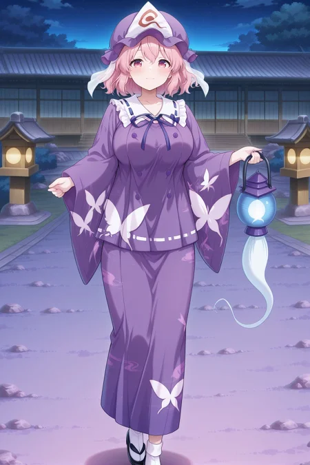 absurdres, highres, masterpiece, best quality, amazing quality, official anime artwork, screencap, anime screencap, outdoors, looking at viewer, light smile, dynamic pose, standing,
<lora:Yuyuko-Saigyouji_IllustriousV3:1> saigyouji yuyuko, 1girl, solo, pink eyes, pink hair, short hair, large breasts,, saigyouji yuyuko \(scarlet\), alternate costume, alternate headwear color, purple hat, mob cap, triangular headpiece, neck ribbon, collarbone, purple dress, purple skirt, butterfly print, double-breasted, wide sleeves, white socks, black sandals, holding lantern,
night,