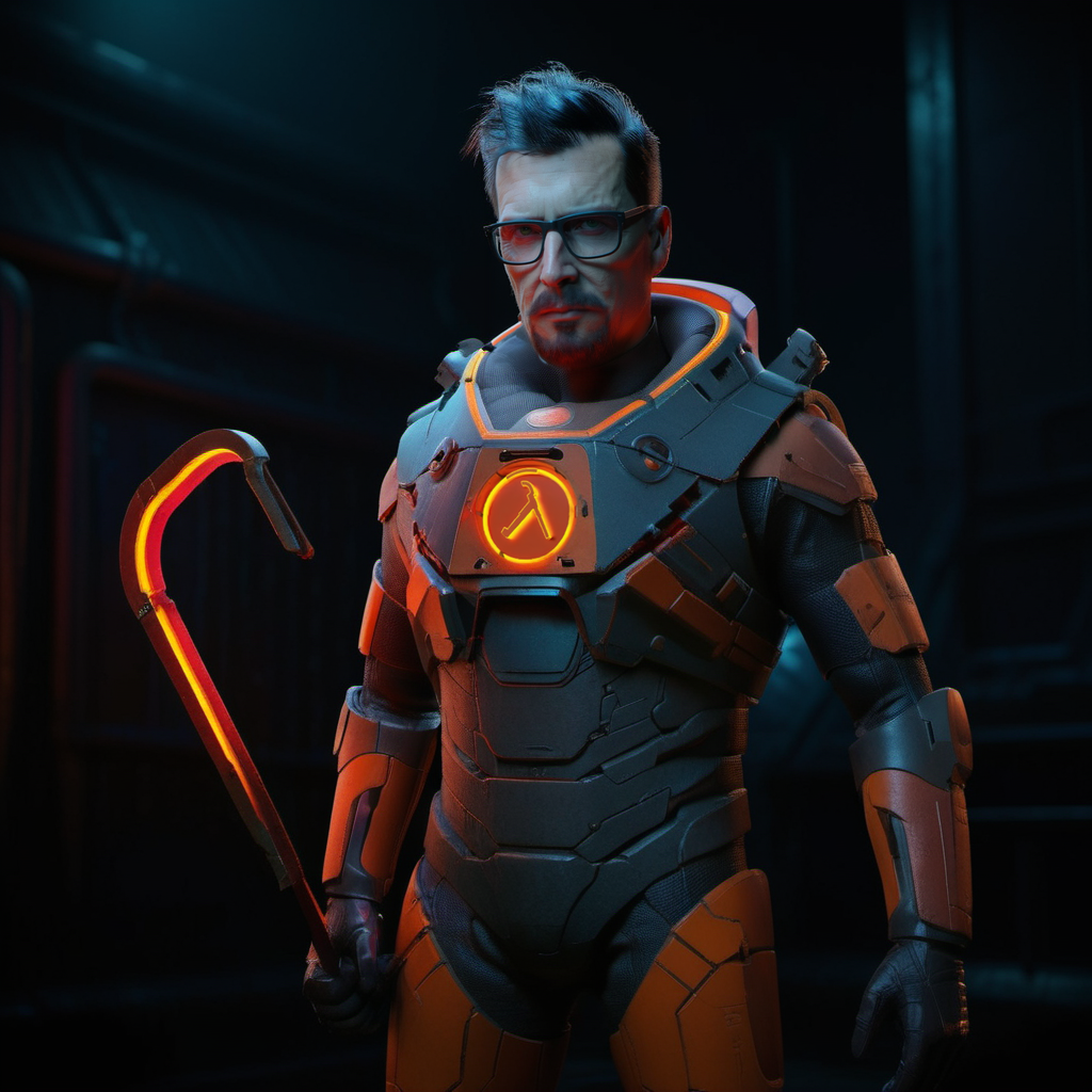 a man with glasses in a orange and black space suit, holds a red (((small crowbar))), dystopian background <lora:GordonFreeman1024:0.8>