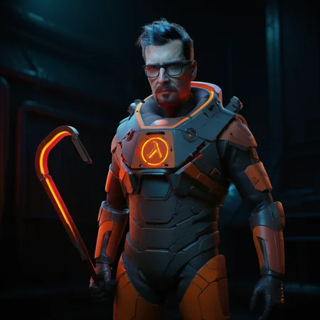 a man with glasses in a orange and black space suit, holds a red (((small crowbar))), dystopian background <lora:GordonFreeman1024:0.8>