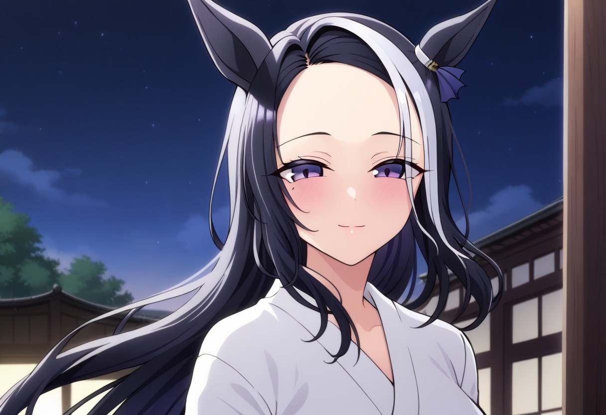 18 years old ,women,solo,1girl,nsfw,
rmnsd, horse girl, multicolored hair, streaked hair, ear ornament, mole under eye saimin.il,
saimin, tsubaki,  white clothes, white kimono, 
clothed girl, kimono,