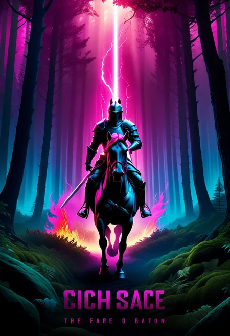 A captivating cinematic poster featuring a bold and vibrant magenta color scheme. The illustration showcases a dramatic scene with a hero on a horse, charging into a dark and mysterious forest. Rays of sunlight pierce through the foliage, casting a warm glow on the hero's sword and armor. The background is filled with an intense battle between light and darkness, with magic and fire engulfing the landscape. The overall atmosphere is epic and intense, perfect for a cinematic blockbuster., cinematic, poster, illustration