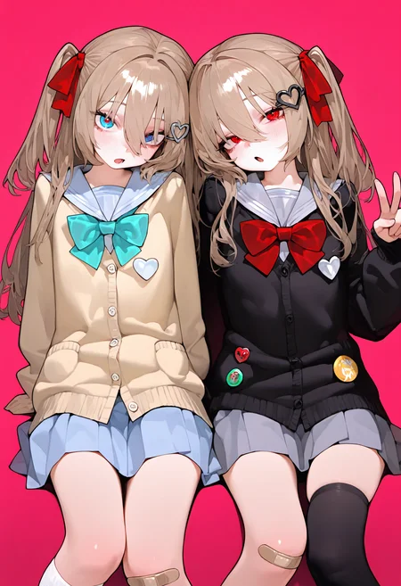 <lora:eatsleep111SDXL:1>, best quality, masterpiece, eatsleep1111, neuro-sama, evil neuro-sama, 2girls, twins, sisters, red eyes, black serafuku, black thighhighs, blush, school uniform, grey skirt, blue eyes, aqua bow, blue skirt, long hair, serafuku, two side up, red ribbon, single thighhigh, grey sailor collar, bandaid on knee, open mouth, button badge, bandaid on leg, yellow cardigan, hair ribbon, aqua bowtie, asymmetrical legwear, solo focus, pleated skirt, uneven legwear, looking at viewer, pink background, white heart hair ornament, black cardigan, red bowtie, red bow, black heart hair ornament, head tilt, v, side-by-side, <lora:NeuroEvilVedalSDXLNoobAI10:1>