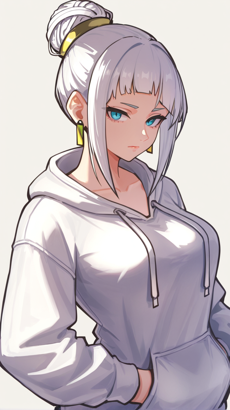 1girl, solo, breasts, looking_at_viewer, bangs, blue_eyes, simple_background, long_sleeves, white_background, jewelry, medium_breasts, closed_mouth, collarbone, upper_body, white_hair, sidelocks, earrings, hood, hair_bun, hoodie, single_hair_bun, hood_down, hands_in_pockets, drawstring, white_hoodie