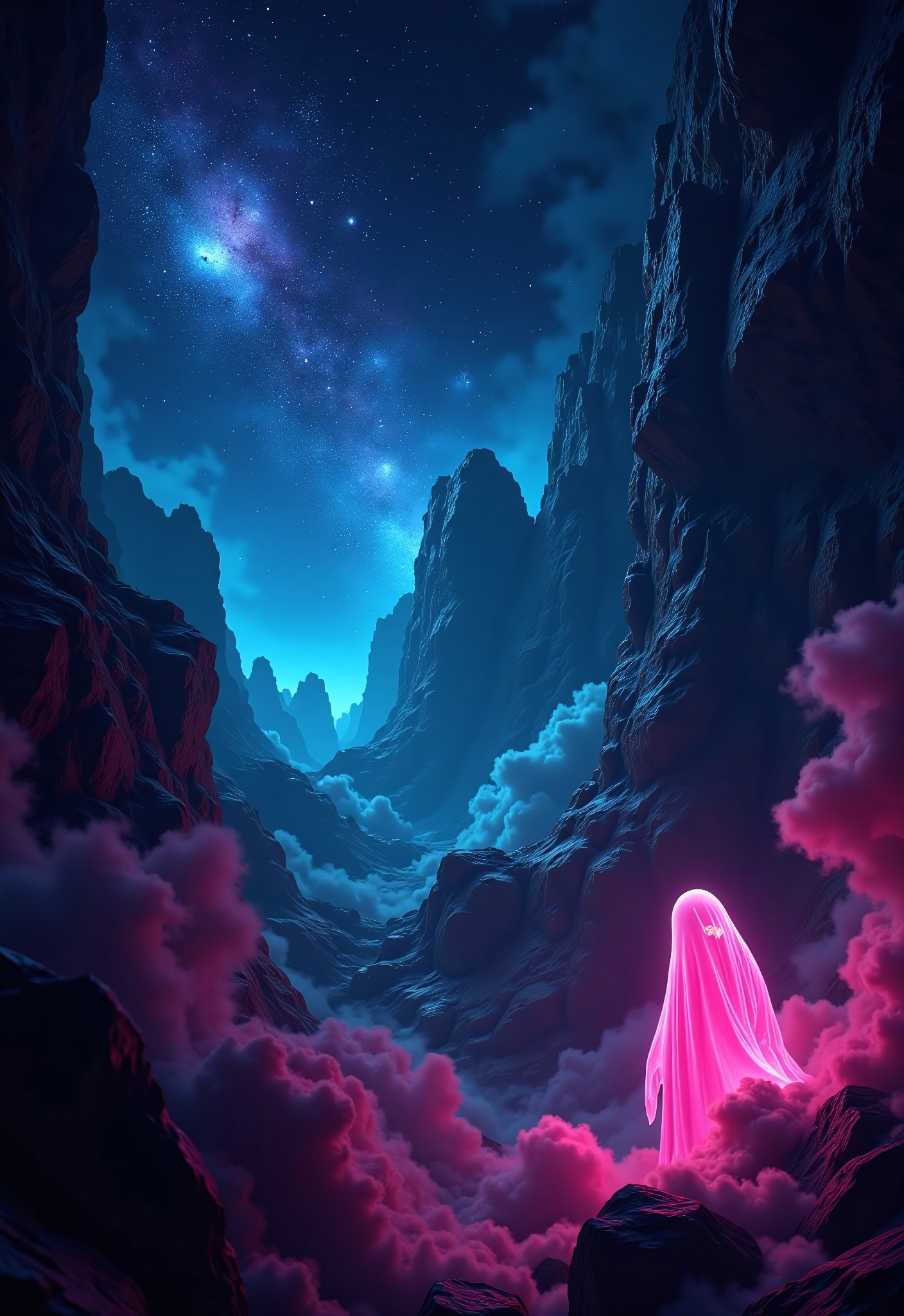 aidmaimageupgrader, a high quality digital image of Metagalactic Space Ghosts Battle at the Edge of Time, they glow at night