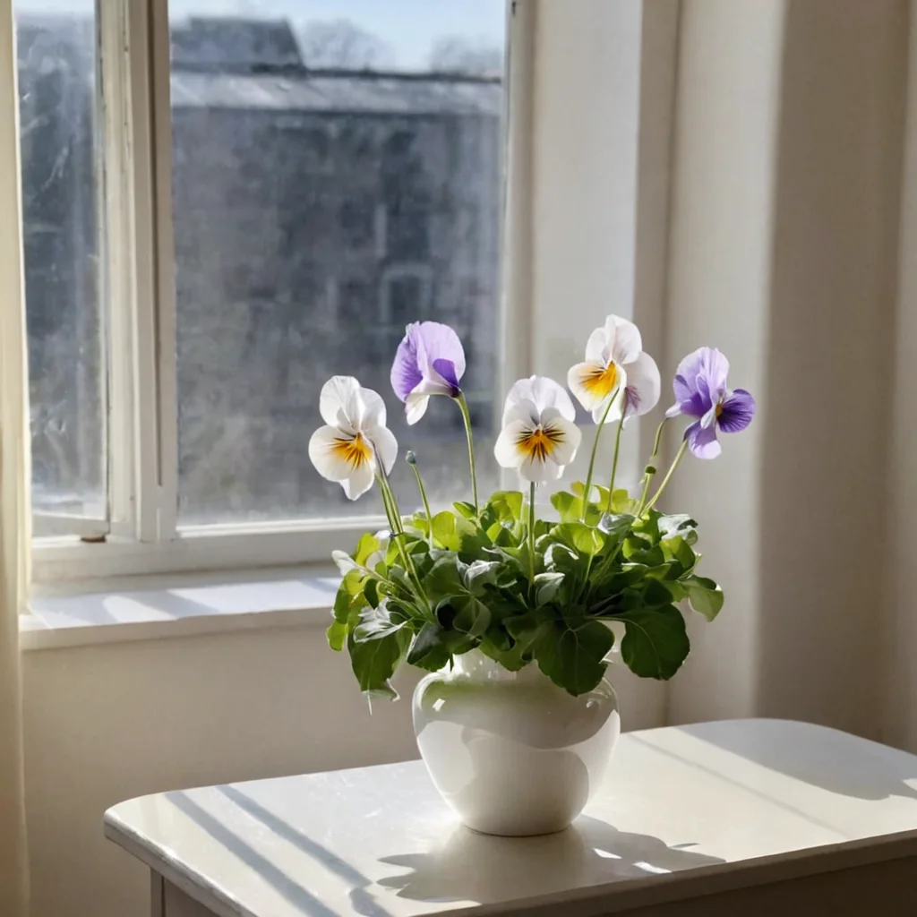 viola flower ingrid-elias-style in a white white vase sitting on a table in a room with a window on a sunny day <lora:ingrid_elias_style_v2:.7>