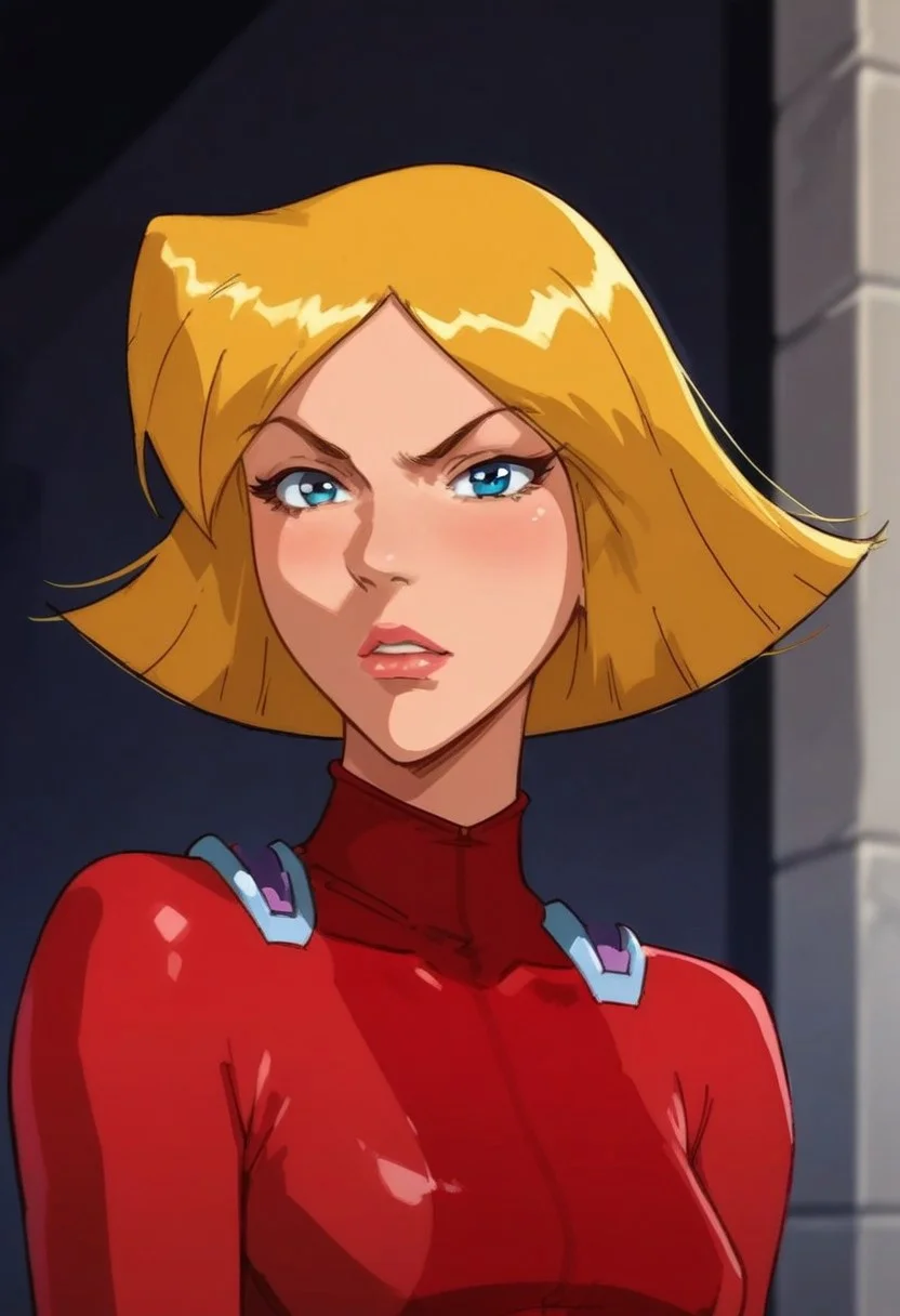masterpiece,best quality, highly detailed, score_9, score_8_up, score_7_up, score_6_up, source_cartoon, BREAK, 1 girl, cloverts, \(totally spies\), blonde hair, blue eyes, red bodysuit,