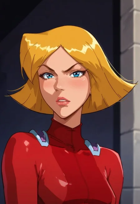 masterpiece,best quality, highly detailed, score_9, score_8_up, score_7_up, score_6_up, source_cartoon, BREAK, 1 girl, cloverts, \(totally spies\), blonde hair, blue eyes, red bodysuit,