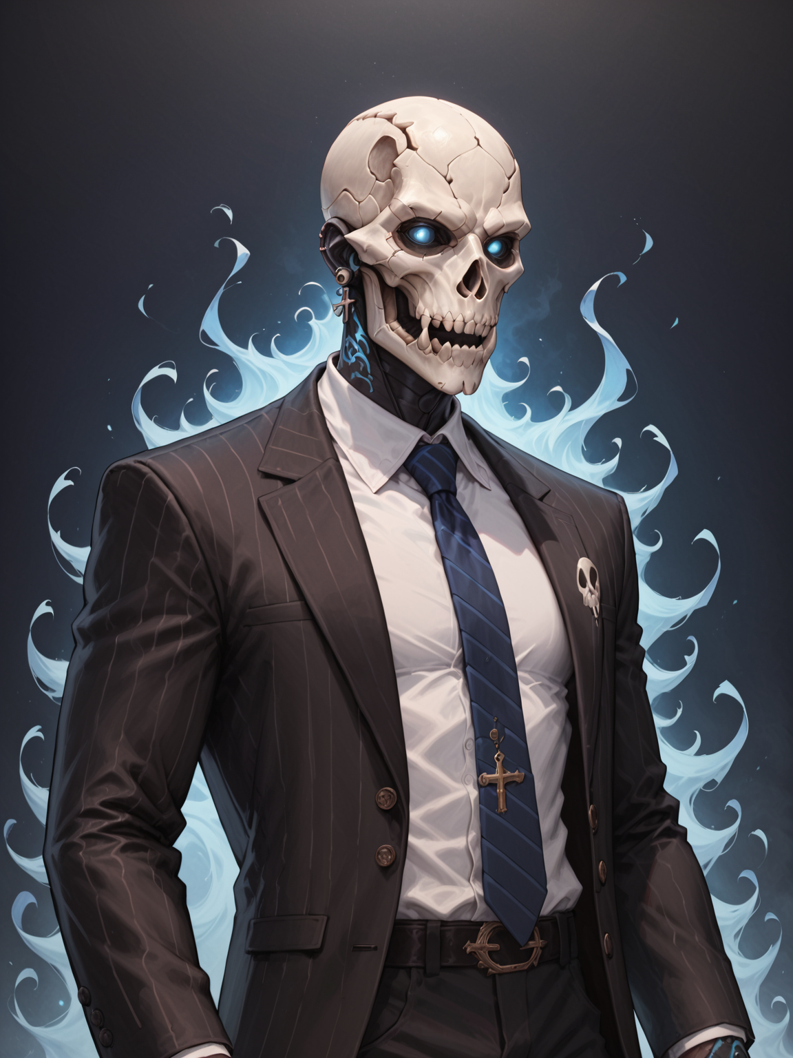 (score_9, score_8_up), score_7_up, 1boy, Highly detailed RAW color Photo, shirt, long sleeves, jewelry, jacket, upper body, earrings, necktie, collared shirt, hand up, necklace, black jacket, gradient, black nail polish, gradient background, tattoo, glowing, formal, ring, suit, cross, mask, skull mask, spikes, black suit, metallic texture, blue theme, blue fire, multiple rings, hand tattoo, simple background, dark blue background, blue theme, gorgeous details, depth perception, backlighting, photorealistic, breathtaking scenery, perfectly rendered reflections, detailed clothing,
dark lighting, dof, depth of field, realistic, dark background, CINE, blue embers, low-key,
<lora:unholy-000009:0.8> <lora:CINE-000008:0.4>
<lora:sinfully_stylish_SDKL:0.5> <lora:xl_more_art-full_v1:0.4> <lora:zavy-cntrst-sdxl:0.7> <lora:Gas_mask-000009:0.4><lora:hand 4:0.5>