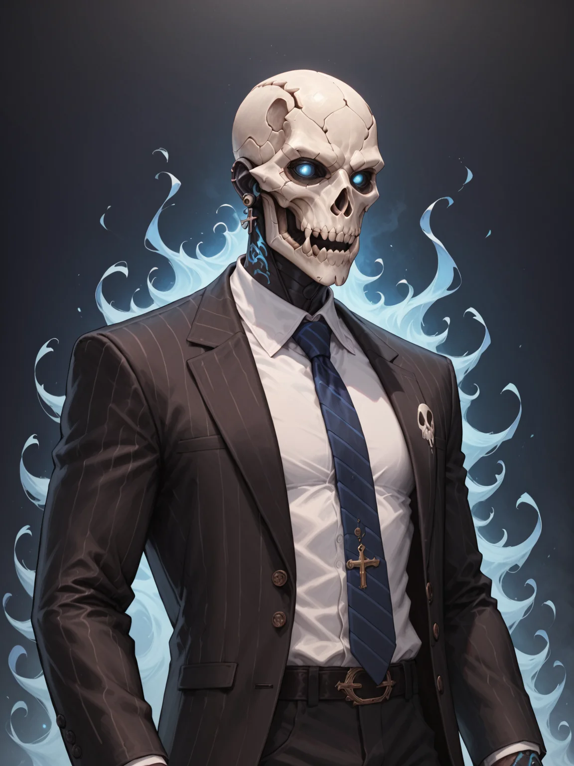 (score_9, score_8_up), score_7_up, 1boy, Highly detailed RAW color Photo, shirt, long sleeves, jewelry, jacket, upper body, earrings, necktie, collared shirt, hand up, necklace, black jacket, gradient, black nail polish, gradient background, tattoo, glowing, formal, ring, suit, cross, mask, skull mask, spikes, black suit, metallic texture, blue theme, blue fire, multiple rings, hand tattoo, simple background, dark blue background, blue theme, gorgeous details, depth perception, backlighting, photorealistic, breathtaking scenery, perfectly rendered reflections, detailed clothing,
dark lighting, dof, depth of field, realistic, dark background, CINE, blue embers, low-key,
<lora:unholy-000009:0.8> <lora:CINE-000008:0.4>
<lora:sinfully_stylish_SDKL:0.5> <lora:xl_more_art-full_v1:0.4> <lora:zavy-cntrst-sdxl:0.7> <lora:Gas_mask-000009:0.4><lora:hand 4:0.5>