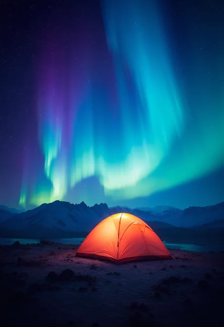 Aurora Borealis, glowing tent, vibrant glow