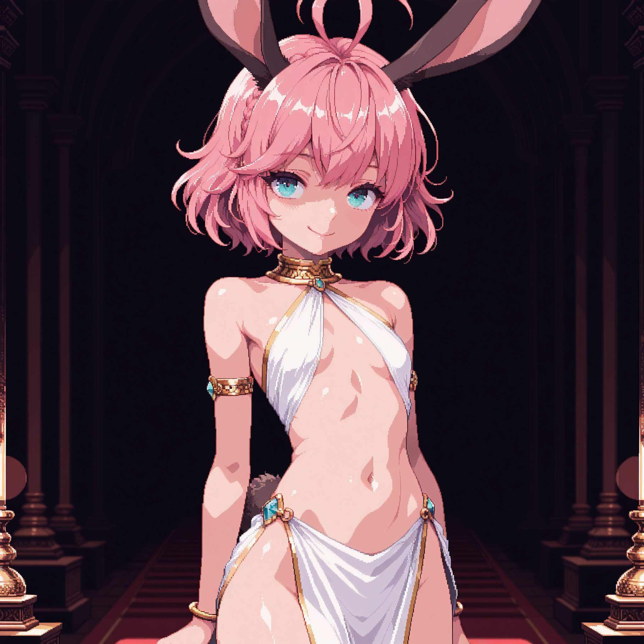 lazypos,  <lora:DetailedPixelArtILL:1> dpa, pixel art,  <lora:Sylvie_the_Guild_Master_-_Isekai_Maou_Illustrious:0.8>  SylvieGM, rabbit ears, petite body, pink hair, pelvic curtain, white dress, navel, gold trim, armlet, ornated jewelry, rabbit tail, smile
