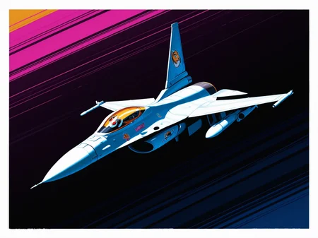 <lora:F-16_Illustrious:1>, ( f-16:1.1), sonic boom, vapor cone around jet, (sticker, die-cut white border), stylized minimal clouds, vibrant blues, simplified details, isolated on dark gradient, motion blur effect, masterpiece, best quality, amazing quality