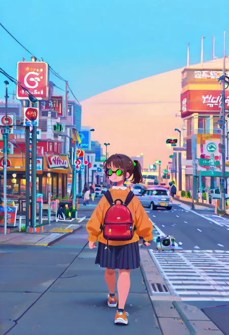 Masterpiece, high quality, ultra-detail, 8K resolution, sharp focus, 2d, (flat color, no lineart, Flatline, Flat vector illustration),
1cute girl, chubby girl, happy,  glasses, green eyes, dark brown hair, no bangs, ponytail,  with a backpack, turist, walking, camera, Japanese Suburbs, shop, scenery, outdoors, road, sign, building, street, road sign, city, power lines, utility pole, traffic light,crosswalk, lamppost, sidewalk, cityscape