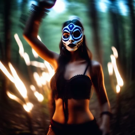 povdanc shaman girl in dark sexy mask dance in darkness forest bokeh<lora:povdanc:1>