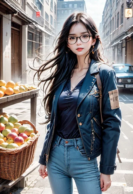 1girl, detailed face, solo, long hair, looking at viewer, black hair, long sleeves, holding, standing, jacket, outdoors, parted lips, food, glasses, day, pants, bag, from side, lips, coat, petals, fruit, denim, ground vehicle, building, black-framed eyewear, jeans, city, realistic, nose, basket, road, street, blue coat, alley