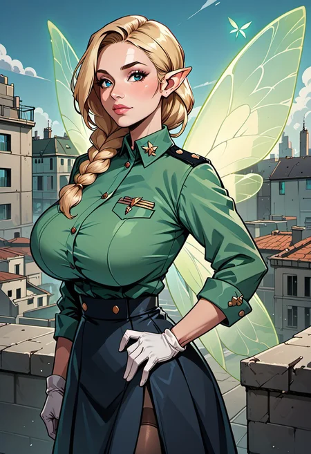 score_9, score_8_up, score_7_up, score_6_up, score_5_up, score_4_up, beautiful fairy woman, mature, long blonde braided hair, reij-hrstyl01 hairstyle, elf ears, detailed blue eyes, bright blue eyes, soft round jaw, magical aura, (delicate glowing wings with green patterns:1.4), (fairy wings:1.3), huge breasts, military uniform, white gloves, black skirt, pantyhose, abandoned building, ruined city, rooftop, outdoors,