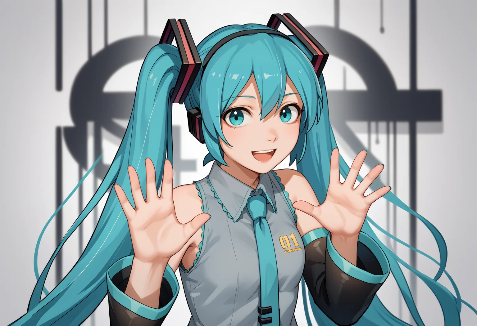 score_9, score_8_up, score_7_up, source_anime, <break> solo, 1girl, hatsune miku, smile, open mouth, looking at you, fakemrbeast, hands up, aqua hair, twintails, aqua eyes, grey shirt, sleeveless shirt, aqua necktie, black sleeves, detached sleeves
<segment:yolo-face_yolov8m.pt,0.4,0.5//cid=1>