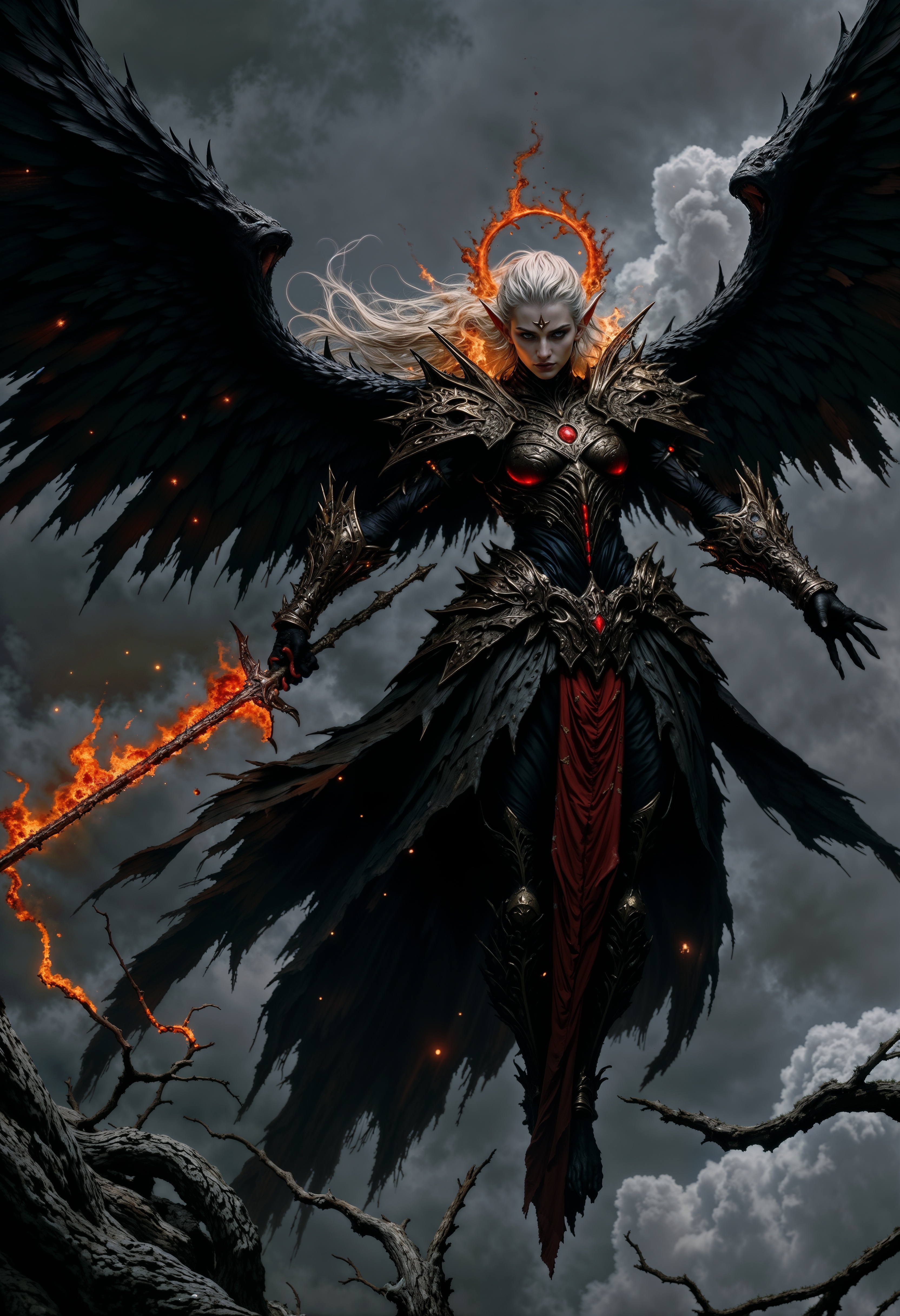 Highly detailed and dramatic digital artwork featuring a dark, angelic woman with a dramatic and dynamic composition flying in the air. The angel is a gorgeous female with pale gray skin and sharp, angular facial features, including pointed ears and glowing red eyes. The angel is adorned in dark, intricately detailed armor with fiery accents, and a halo of flames encircles her silver hair. Large, black wings with red-tipped feathers extend from her back, creating a sense of movement and power. The background is a stormy sky with silhouettes of twisted branches, enhancing the ominous atmosphere. The overall color palette is dominated by dark grays, blacks, and fiery reds, contributing to the intense and mystical theme. <lora:FluxMythP0rtr4itStyle:0.6> <lora:flux.1_lora_flyway_Epic-Characters_v1:0.6> <lora:Elden_Ring_-_Yoshitaka_Amano:0.33>