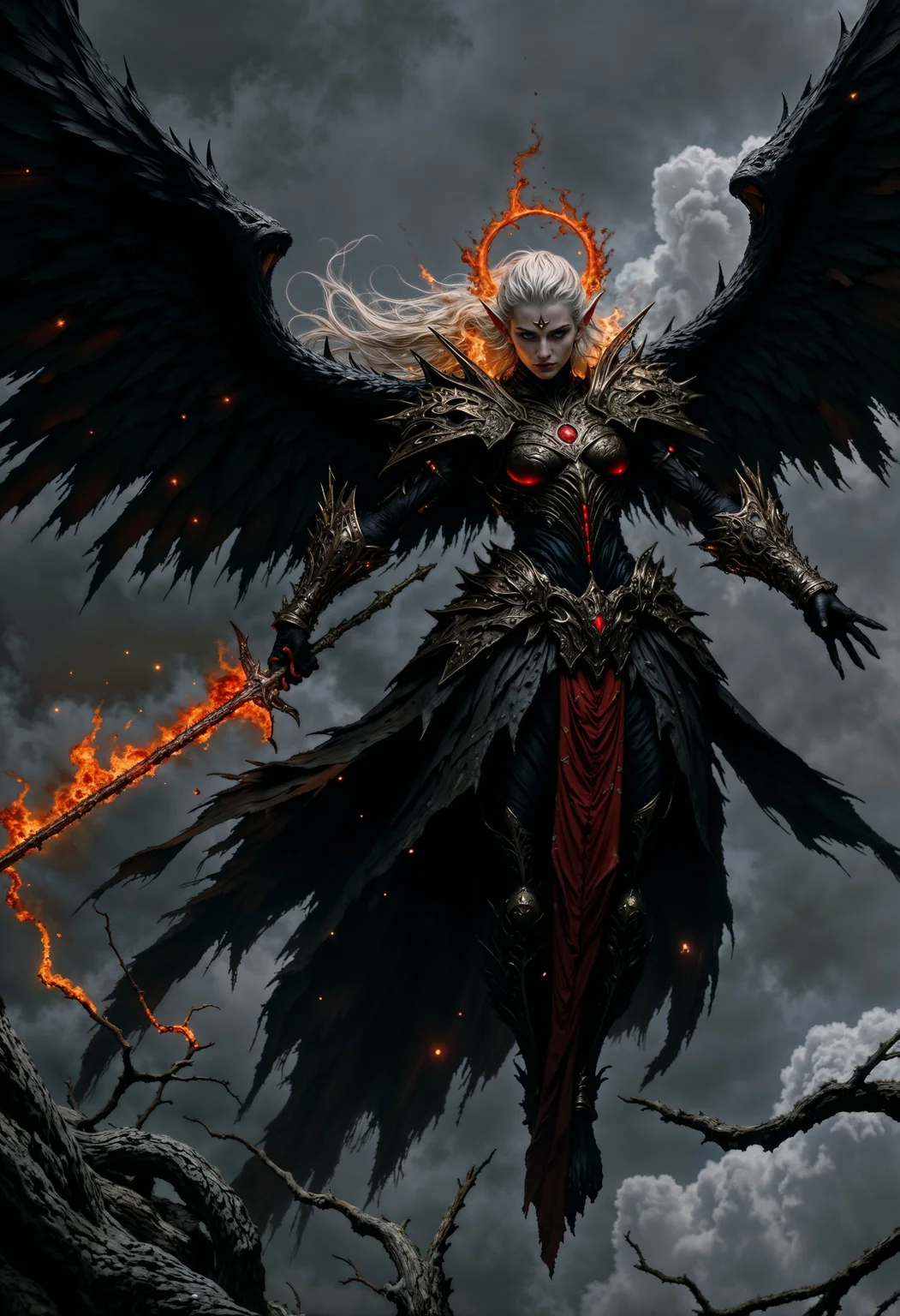 Highly detailed and dramatic digital artwork featuring a dark, angelic woman with a dramatic and dynamic composition flying in the air. The angel is a gorgeous female with pale gray skin and sharp, angular facial features, including pointed ears and glowing red eyes. The angel is adorned in dark, intricately detailed armor with fiery accents, and a halo of flames encircles her silver hair. Large, black wings with red-tipped feathers extend from her back, creating a sense of movement and power. The background is a stormy sky with silhouettes of twisted branches, enhancing the ominous atmosphere. The overall color palette is dominated by dark grays, blacks, and fiery reds, contributing to the intense and mystical theme. <lora:FluxMythP0rtr4itStyle:0.6> <lora:flux.1_lora_flyway_Epic-Characters_v1:0.6> <lora:Elden_Ring_-_Yoshitaka_Amano:0.33>