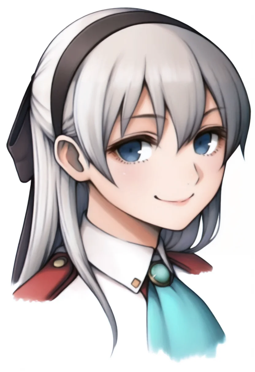 masterpiece, best quality, solo, 1girl, smile, looking at viewer, <lora:FF7-Portraits-illus_Fp:1>, simple background, portrait, white background, (elie macdowell:0.7), black hairband, hair ribbon, long hair, blue ascot,