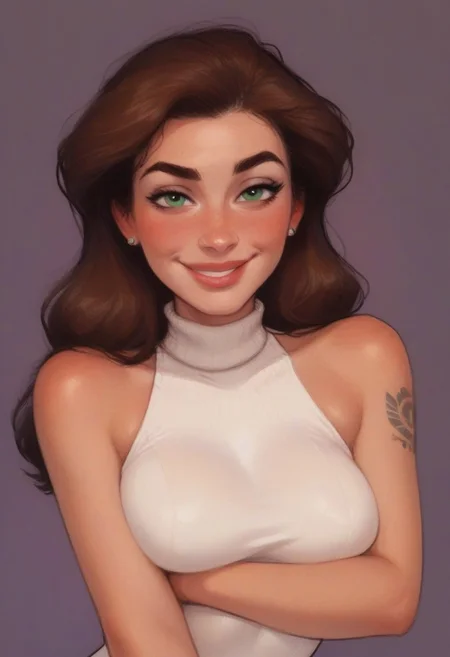 score_9, score_8_up, score_7_up, score_6_up, disney, [[incase]], 1girl, solo, long_hair, wavy_hairstyle, smug_smile, looking_at_viewer, green_eyes, dark_brown_hair, large_breasts, standing, arms_crossed, arms_under_breasts, collarbone, skindentation, tanned_complexion, earrings, lips, mature_woman, voluptuous, light_particles, turtleneck, sleeveless_turtleneck_leotard, bodysuit, white_leotard, highleg, highleg_leotard, bare_shoulders, barcode_tattoo_on_shoulder, close-up, portrait. Drawing in pastels