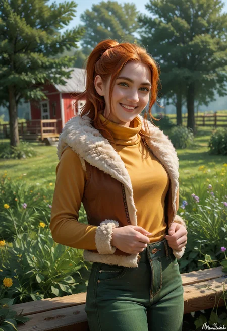 score_9, score_8_up, score_7_up,, high res ima , source_photo, source_real, (realistic:1.4),
1girl, cowboy shot, solo, smile, hands back, pride, ,
outdoors, farm, garden, <lora:Robin_-_IL:0.8> Robin_SDV, green eyes, orange hair, ponytail, yellow turtleneck, green pants, brown vest, fur trim, masterpiece, best quality, good quality, newest