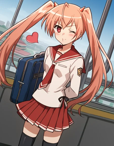 score_9, score_8_up, score_7_up, source_anime, <lora:aria-holmes-kanzaki-s1-ponyxl-lora-nochekaiser:1>, aria holmes kanzaki, long hair, red eyes, twintails, pink hair,, skirt, thighhighs, school uniform, serafuku, zettai ryouiki, white shirt, long sleeves, red sailor collar, necktie, red necktie, red skirt, pleated skirt,, train station, waiting for train, suitcase, traveling, commute, city skyline, hands behind back,, smile, <lora:blowing-kiss-ponyxl-lora-nochekaiser:1>, blowing kiss, pucked lips, heart, one eye closed, o3o, hand up, bed room, bed, blush, cowboy shot, dutch angle,, looking at viewer, solo,, dutch angle, cowboy shot
