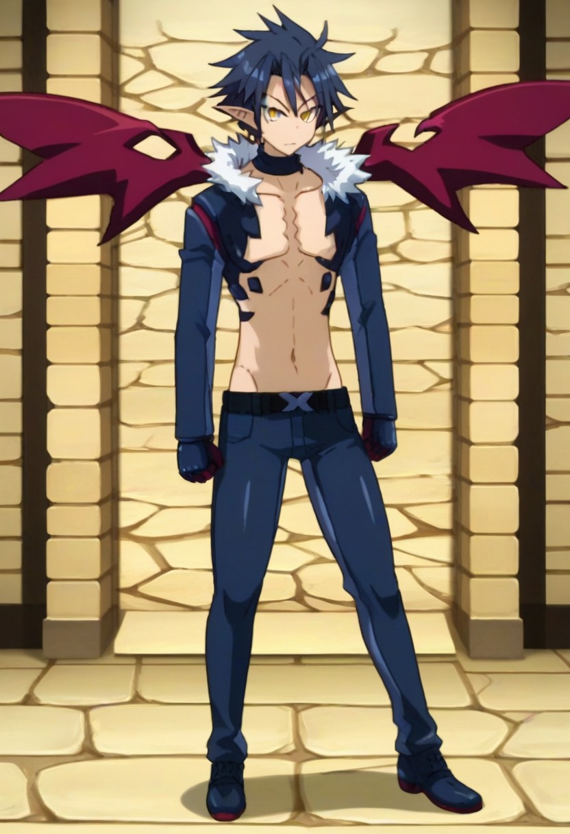 ((masterpiece)), ((best quality)), ((ultra-detailed)), ((absurdres)), score_9_up, score_8_up, score_7_up,
HD, top quality, best quality, amazing quality, High-quality illustrations, anime screencap, source_anime, best aesthetic, perfect proportions, perfect eyes, 1boy, 1male, solo boy, solo male, male focus, solo male focus, Anime, boy, male anime character, anime boy, handsome, attractive, cute, charming, sexy, hot, ((tall, tall height, tall body)), ((slim body, slim body)), Killia, dark blue hair, golden eyes, black eye marks under eyes, pointed ears, long sleeve blue jacket, white puffed collar, neck choker, red-pink accents, blue and red-pink wings, black gloves, red-pink claws, dark marks on chest and upper abdomen, belt, dark blue pants, dark blue shoes, full body shot, head to feet shot, front shot, view from front, front view