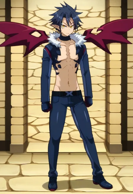 ((masterpiece)), ((best quality)), ((ultra-detailed)), ((absurdres)), score_9_up, score_8_up, score_7_up,
HD, top quality, best quality, amazing quality, High-quality illustrations, anime screencap, source_anime, best aesthetic, perfect proportions, perfect eyes, 1boy, 1male, solo boy, solo male, male focus, solo male focus, Anime, boy, male anime character, anime boy, handsome, attractive, cute, charming, sexy, hot, ((tall, tall height, tall body)), ((slim body, slim body)), Killia, dark blue hair, golden eyes, black eye marks under eyes, pointed ears, long sleeve blue jacket, white puffed collar, neck choker, red-pink accents, blue and red-pink wings, black gloves, red-pink claws, dark marks on chest and upper abdomen, belt, dark blue pants, dark blue shoes, full body shot, head to feet shot, front shot, view from front, front view