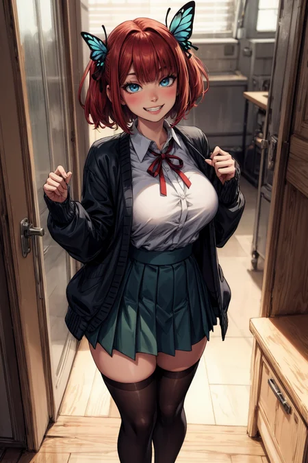 absurdres, [perfect shadows and lighting], detailed background, incredible high-key lighting, masterpiece, high quality, detailed, extremely detailed, ambient soft lighting, 4K,  <lora:add_detail:1>, full body,
butterfly hair ornament, blue eyes, hair ribbon, large breasts, red hair, blunt bangs, black ribbon, short hair, thighs, two side up, BREAK
shirt, white shirt, green skirt, pleated skirt, collared shirt, open clothes, white thighhighs, cardigan, long sleeves, thighs, black cardigan, open cardigan, school uniform, zettai ryouiki, miniskirt, BREAK
smile, happy, seductive grin smug, BREAK