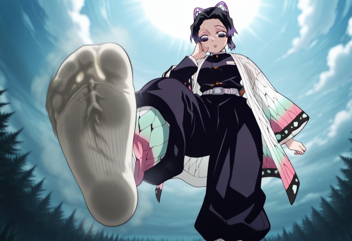 giantess, clothing entrapment, outline of person in clothing,
sock entrapment, person outline in middle of sock , sock entrapment, foot entrapment, person outline in middle of foot, person inbetween sock and foot clothing entrapment, person outline in sock, trapped inside,
outdoors, leaning forward, low perspective, from below, feet focus, five toes, five toes, smelly feet, one foot forward, sweaty feet, steamy feet, 5 toes, 
1girl, kochou shinobu,demon slayer uniform, hair ornament, butterfly hair ornament, purple eyes, short hair, black hair, purple hair, multicolored hair, black pants, Japanese clothes, long sleeves, white belt, belt buckle, socks,