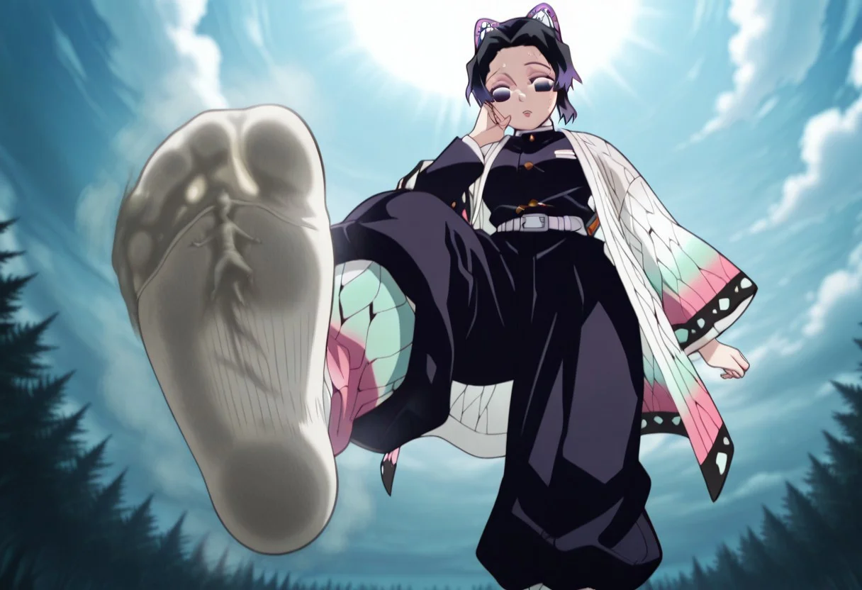 giantess, clothing entrapment, outline of person in clothing,
sock entrapment, person outline in middle of sock , sock entrapment, foot entrapment, person outline in middle of foot, person inbetween sock and foot clothing entrapment, person outline in sock, trapped inside,
outdoors, leaning forward, low perspective, from below, feet focus, five toes, five toes, smelly feet, one foot forward, sweaty feet, steamy feet, 5 toes,
1girl, kochou shinobu,demon slayer uniform, hair ornament, butterfly hair ornament, purple eyes, short hair, black hair, purple hair, multicolored hair, black pants, Japanese clothes, long sleeves, white belt, belt buckle, socks,