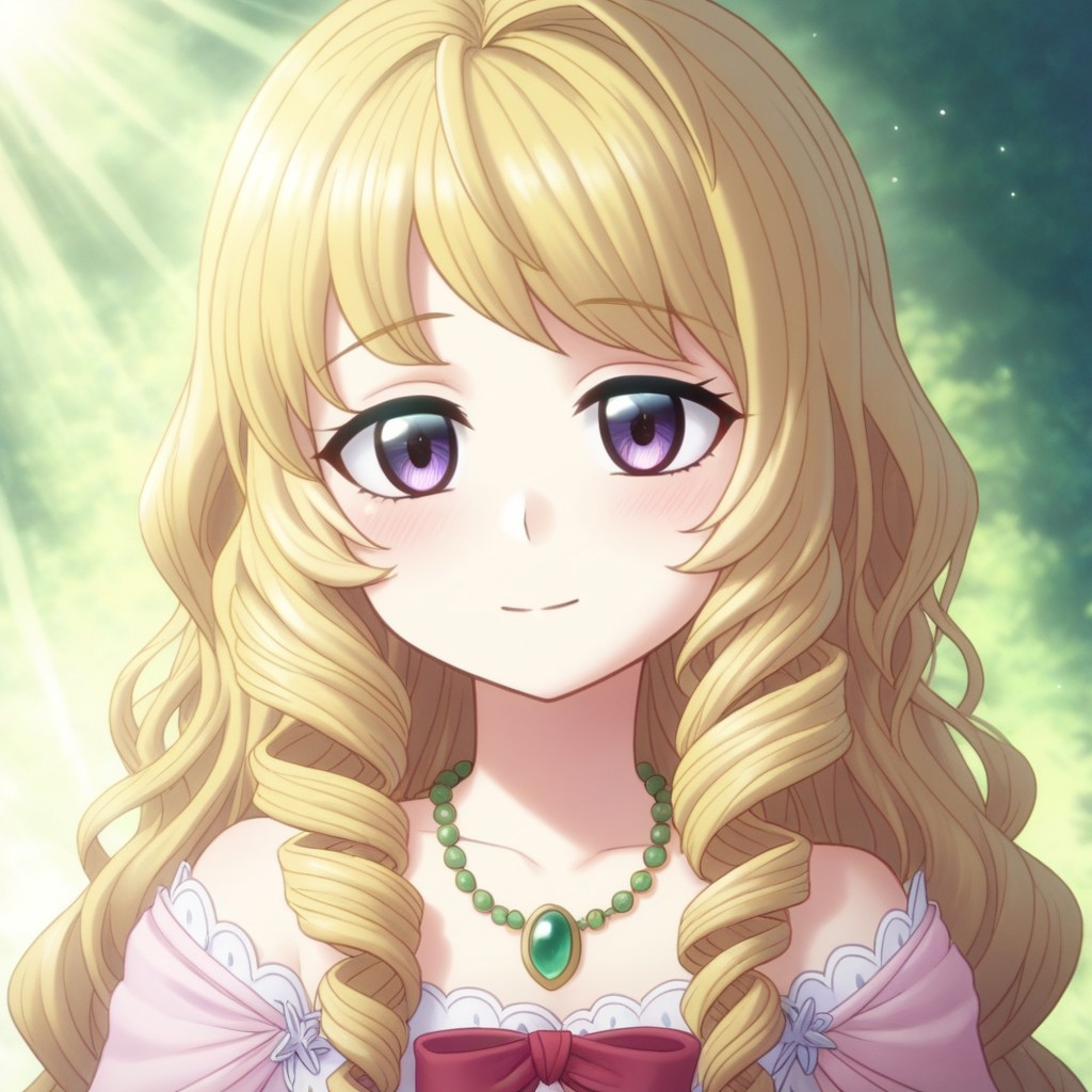 mana_sk style, portrait, focus on face, a graceful meadow herbalist woman with soft wavy blonde hair tied with a ribbon and gentle hazel eyes, wearing a linen dress with floral embroidery and a necklace adorned with pressed wildflowers, her expression kind and nurturing, faint colorful meadows and distant rolling hills bathed in sunlight in the background, Japanese RPG style, peaceful and pastoral atmosphere, intricate details on her dress and necklace