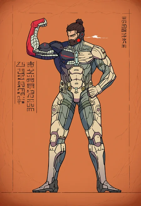 score_9, score_8_up, source_anime, FauxEgyptian, black eyes, standing, full body, 1man, <lora:FauxEgyptian_XLPD:1.1> <lora:JetstreamSam_XLPD:0.8> JetstreamSam, cyborg, bodysuit, headgear, beard, JetstreamSam, cyborg, bodysuit, headgear, mask, flexing