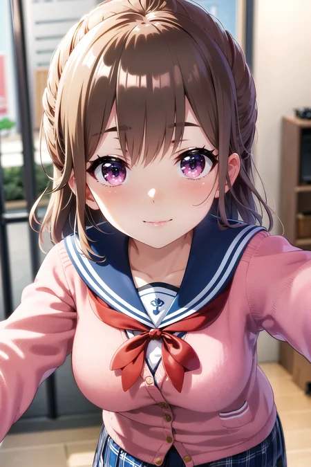 (masterpiece, best quality, beautiful detailed eyes, absurdres, closeup), 1girl, hayasaka mei, uniform, pink jacket, cardigan, pink cardigan, red ribbon, blue sailor collar, blue skirt, looking at viewer, blush, <lora:hayasakaMeiIdoly_v10:0.7>