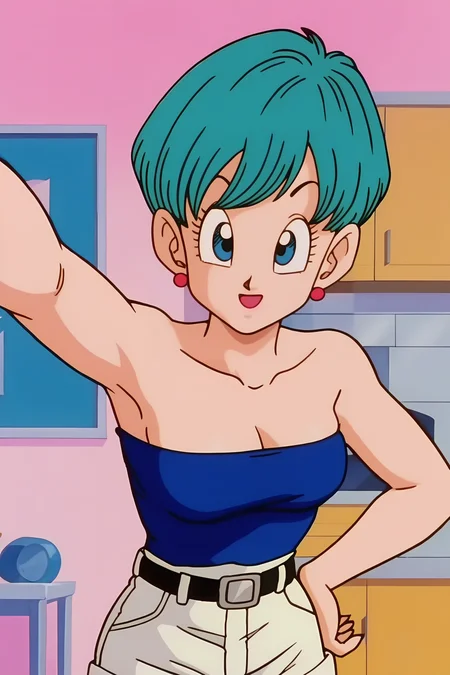 source_anime, score_9, score_8_up, score_7_up, anime screencap, high quality, 8k, absurdres, official style,
bulma, raditz saga, very short hair, aqua hair, blue eyes,
bare shoulders, bare arms, cleavage, collarbone, strapless, tube top, blue topwear, belt, shirt tucked in, white shorts,
indoors, cowboy shot, selfie, armpits, smile,
<lora:bulmaDBZ_pony_v2:0.8>