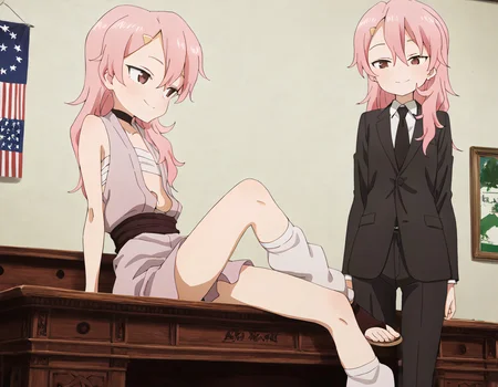 nsfw, highres, best quality, masterpiece, Female president of the United States, oval office, yellow walls, USA flags hanging, the White House, sitting behind the Resolute Desk, signing presidential bills, black suit, black tie., oval office, resolute desk, desk, Benisumomo, Long pink hair, Pink eyes, Fair skin, White sleeveless top, Pink skirt, White thigh-high socks, Ninja sandals, Headband with clan symbol, Cheerful demeanor, benisumomo, long hair, hair ornament, red eyes, pink hair, hairclip, flat chest,