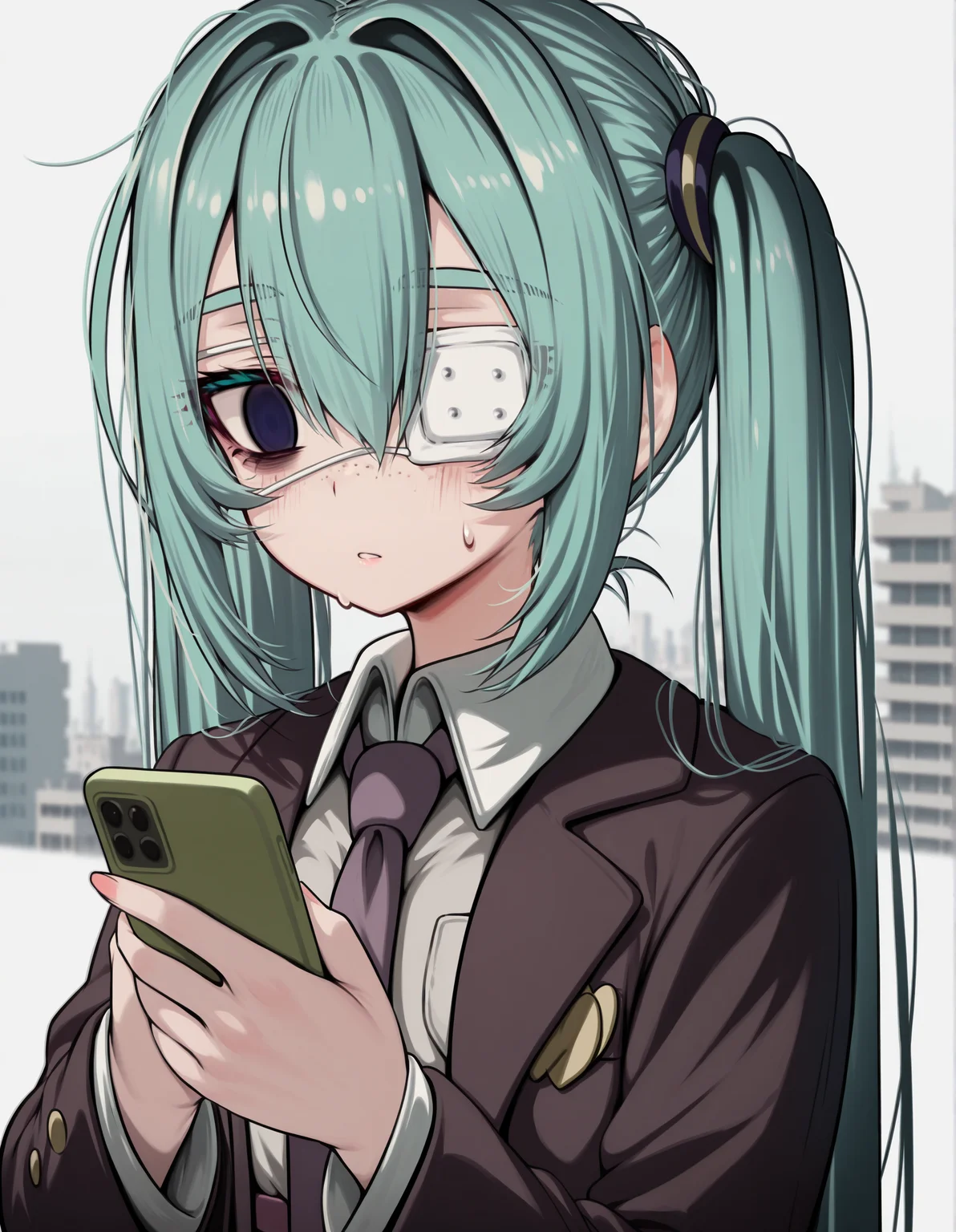 1girl, hatsune miku, hmmonitoring, solo, very long hair, twintails, bangs, hair between eyes, freckles, medical eyepatch, school uniform, collared shirt, necktie, jacket, open jacket, long sleeves, pleated skirt,
empty eyes, phone, holding phone, portrait, from side, looking at phone, sweatdrop, parted lips,
outdoors, cityscape, blurry background, grey theme, 
rating safe, torriet, 
masterpiece, best quality, amazing quality, highres, newest,  <lora:mikumonitoring-000009:1.0>