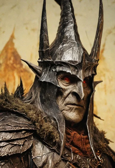 Ellis-RealismBoost, Close Up detailed photograph of the Witch King from The Lord of the Rings, perfect saturation, color photography, vintage, top light, masterful painting in the style of Anders Zorn | Marco Mazzoni | Yuri Ivanovich, Todd McFarlane, Aleksi Briclot,