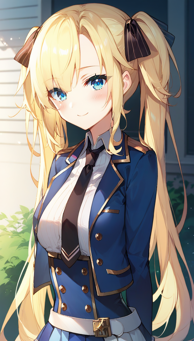 score_9,score_8_up,score_7_up,score_6_up BREAK official art,solo,outdoors,upper body,(portrait:1.5),looking at viewer,facing viewer,smile,blush,Regina Mercedes,very long hair,blonde hair,twintails,hair ribbon,black ribbon,sidelocks,hair between eyes,bangs,blue eyes,blue jacket,cropped jacket,open jacket,wing collar,black necktie,white shirt,collared shirt,dress shirt,long sleeves,medium breasts,double-breasted,white belt,blue skirt,high-waist skirt,pleated skirt,frilled skirt,thigh strap,white thighhighs,zettai ryouiki,mary janes,black footwear,<lora:Regina Mercedes(sgmt)-Pony:1.2>,